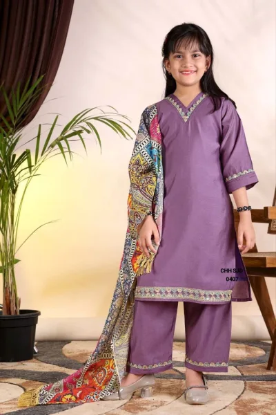 Girls Lavender Purple Ethnic Kurta Palazzo Set with Printed Dupatta
